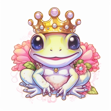 kawaii frog, happy and smiling, sticker, bold line, clipart, white background, many details, flowers, crown, gems, doll, pink, white background, 8k detail
