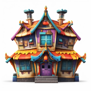3D symmetrical house game clipart asset front-facing front profile view, a single storey house, toyish house, in the style of ralph bakshi, storybook-esque, disney animation, cartoonish chaos, blown-off-roof perspective, goblin academia, beaux arts style, colorful fantasy realism, accurate and detailed, twisted imagination, with a touch of modern influences and slight sci fi details depicted in an orthographic perpsective, Furture epoch, Unreal Engine, OpenGL-shaders, GLSL-shaders, white backgro