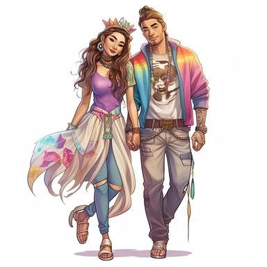 full body clipart of modern middle aged Indigenous couple wearing casual chic rainbow clothes, Jasmine Becket-Griffith style, fantasy realism, logo style, comic art, soft colors, clean edges, refined edges, stunning, captivating, contour, isolated white background