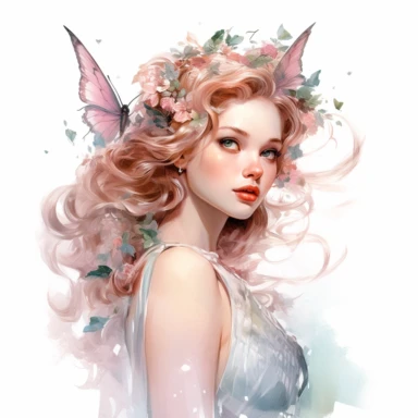 Majestic Fairy with a statuesque figure, highly detailed face, and a serene expression, Use dreamlike lighting with soft sunlight falling on the subject’s face and hair, to create an ultra-realistic image that captures the subject’s natural beauty and personality, watercolor clipart on white background