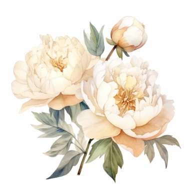 two white and beige watercolor Peony with leaves in the background, soft muted color, clipart, multiple flowers in a bouquet, different composition, ultrarealistic, high details, emotive fields of color, charming illustrations, bloomcore, fairycore, soft color, whimsical, isolated on white background