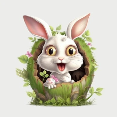 adorable bunny with bright eyes and a curious expression. peeking out from a cozy hollow in a tree trunk, surrounded by moss, mushrooms, butterflies Fairytale Cartoon Art Style, Full Body Image and Appearance, 3D-Designed Character, in style of clipart with no background