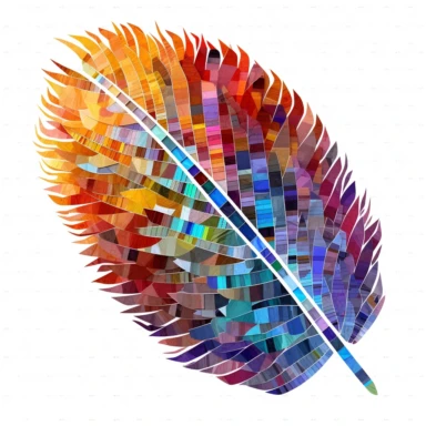 clipart of geometric feather, matrix code, intricate, vibrant chakra colors, sacred geometrical patterns, on white background