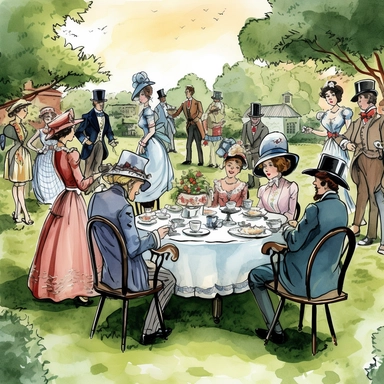 watercolor style, old cartoon drawing style, a beautiful British tea party outside on a long wooden table with chairs with teacups in saucers, serving plates, finger foods on platters on tiers, women in fancy Victorian dresses, men in fancy suits, ties, and fabulous hats, playing croquet on the lawn, clipart, digital art, illustration