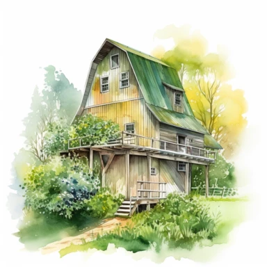 Visualize a clipart-style watercolor illustration of a close up of detailed a quaint green barn nestled amongst summer foliage, on a summer day, set against a clean white background. Use bright, pastel colors, ensuring the colors pop against the stark white backdrop. The leading lines of the loft's ladder and the vibrant colors should create depth and guide attention towards the intricate details of the barn's upper levels. The composition should place the barn centrally, emphasizing its intrica