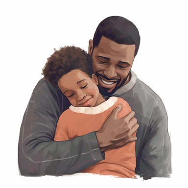 Father's Day Hug: Illustrate a heartwarming clip art image of a black dad receiving a tight hug from his female child or children. This clip art can represent the love, gratitude, and affection that children have for their fathers on Father's Day.