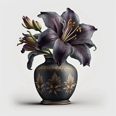 Watercolor dark purple Lily clipart in grey vase. no text. lifelike. 4k. 8k. No background. No shadows