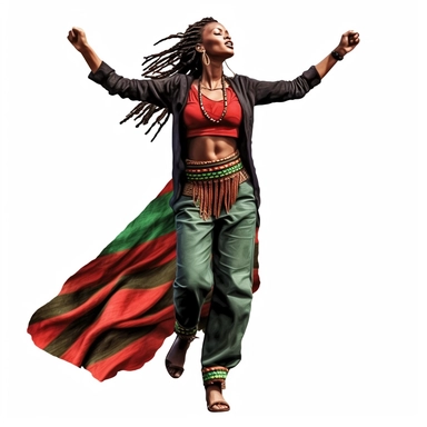 hd, clipart, celebrating Juneteenth,full body,woman with locs, freedom,red,black and green, on white background