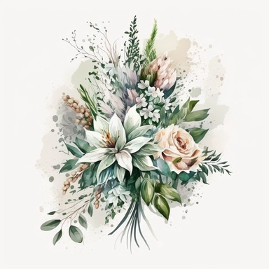 clipart aquarelle, detailed ans realistic, white background. beautiful flower tribute in white color, white theme, Bouquet for funeral, loss, sorry, with additions like sash ribbon
