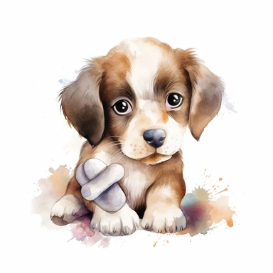 Watercolor puppy playing, with cuddly toy bone Clipart - cute puppy , Colour of brindle brown and cream, white background, vector art, high definition, clip art, ar 2:2
