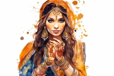 hindu woman during mehndi ceremony with henna on arms and hands watercolor clipart illustration on white background