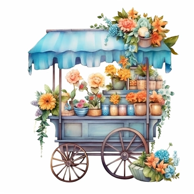 free watercolor and flower cart clipart, free png files, in the style of claudia tremblay, candycore, light azure and bronze, uhd image, caffenol developing, kris kuksi, toyen