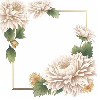 detailed watercolor rectanglular white chrysanthemum flower border with gold border line and with wide middle space , isolated on white background, realistic, clipart