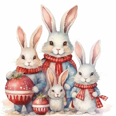 charming family of 4 bunnies, Christmas morning, festive decor and mood, ornamental watercolor, clipart