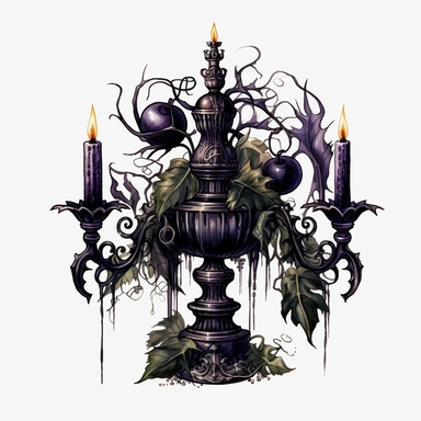 Watercolour dark fantasy black royal gothic deadly nightshade candelabra with deadly nightshade lantern and dark magic gothic books magnificent details PNG image,ultra highly detailed, 18k, sharp focus, bright photo with rich colours digitally enhanced, enhanced graphics, straight, sharp focus, bright lighting, intricate detailed png image ,high definition,300dpi,graphic clipart,computer graphics