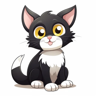 cute cartoon cat, black and white cat,smooth fur, black face with a little bit white by mouth, a lot of white on chest, white paws, black legs, yellow eyes, full body sitting, white background, clip art, vector graphic