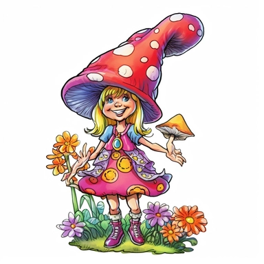 A delightful, hand-drawn clipart image of a friendly female gnome with no beard, dressed in a charming, brightly colored dress, sporting a tall, colorful pointy mushroom hat, and standing with a welcoming smile, mushrooms and flowers, presented on a trans