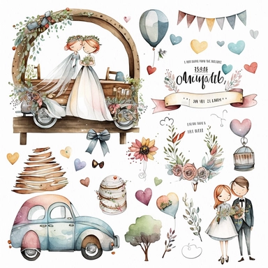 wedding rings tied with a ribbon , cute wedding illustrations clipart set, ILLUSTRATIONS FOR THE BOOK, cartoon elements, different variants, girl with long hair in a wedding veil, wedding, husband and wife Love , Hearts balloons , veil, garland, wooden elements, newlyweds are sitting on a wooden bench , on the wedding beautiful car, white transparent background separate elements with a margin Watercolor