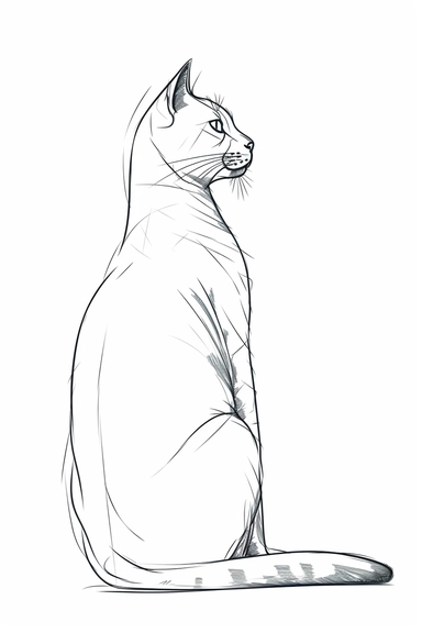 cat sitting in profile, thin line silhouette outline simple one line sketch, vector logo clipart, leonardo da vinci style, white background,