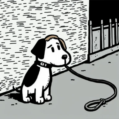 retro cartoon comic of a sad dog on a leash, black and white vintage art clipart illustration, white background