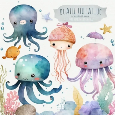 Undersea watercolor clipart, nursery decor, kawaii baby wall art, octopus, jellyfish, whale, cute ocean animals