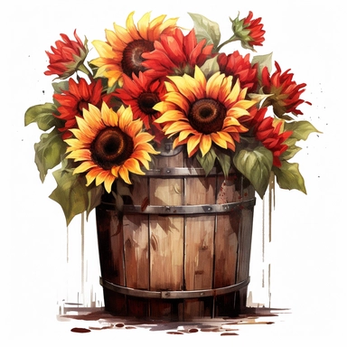 a watercolor of a sunflower bouquet in a old rusty barrel, cherry academy style, cherry red nuances, vector free clipart illustration, in the style of unreal engine 5, 32k uhd, detailed features, white background
