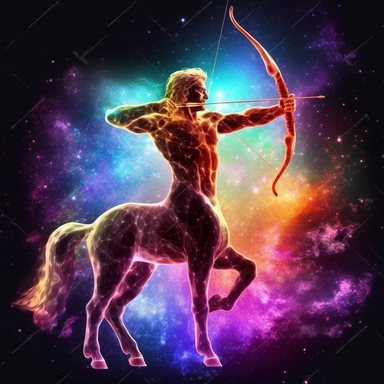 Sagittarius, man mixed with horse shooting a bow and arrow like an archer, rainbow, galaxy, fluorescense, beautiful, looking to the side, clipart /8k/