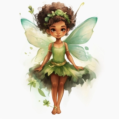 cute brown skin fairy girl clipart watercolor green dress [turnabout] front view, looking at camera cw, 8k, hd v5 line drawing