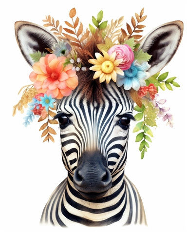 detailed watercolor Baby Zebra with flowers , hyper realistic, isolated on a white background, clipart