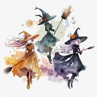 halloween witches with broomsticks. some cartoonish design and some watercolor. and some of both. white background. no tags. CLIPART!!