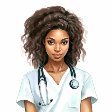 Beautiful black woman nurse straight hair without stethoscope, folk art, watercolor, clipart, kawaii, white background