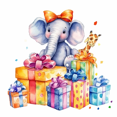 one birthday gift clipart on a white background, in the style of realistic watercolor paintings, toycore, fantastical compositions, characterized animals, tonal variations in color, highly detailed illustrations, no watermark, text, words, paintbrush , 300 DPI , typography, the images do not stick together, no text in the picture
