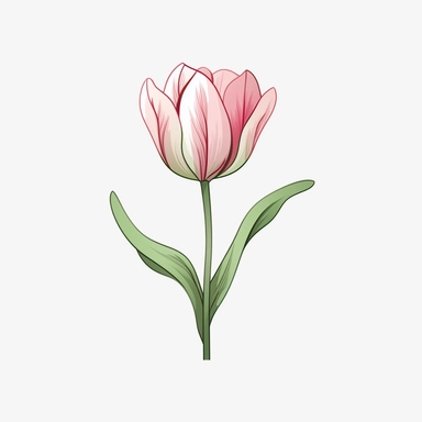 Romantic pink tulip clipart against a pure white background. The illustration showcases a graceful pink tulip with elegant petals and slender green stems. The color palette includes shades of soft pink and hints of green. The white background adds a contemporary and clean aesthetic, allowing the tulip to shine. The lighting is gentle, casting a subtle glow on the tulip's delicate features. The atmosphere exudes a sense of romance and natural beauty.