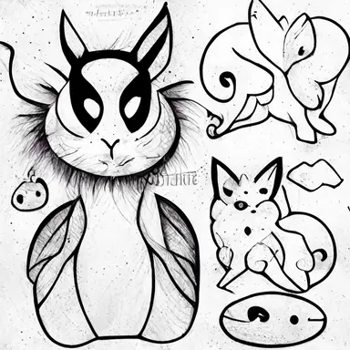 Pokémon style animal, tattoo flash sheet, separate images, black and white, sticker, line art, clipart, white border