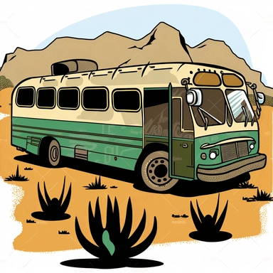 s 60 Clipart-Illustration: Ein Outdoor-Survival-Bus in der Wüste. Der Bus ist mit einem leistungsstarken Motor, extra großen Reifen und einem speziellen Kühlsystem ausgestattet, um durch Sanddünen und unebenes Gelände zu fahren. Er hat auch ein ausreichendes Wassersystem, um die Hitze der Wüste zu bewältigen. Die Gruppe kann somit die schwierigen Bedingungen der Wüste überleben.