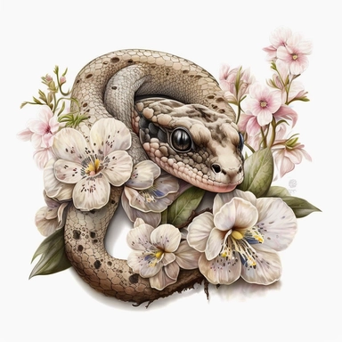 cute boa constrictor, clipart, flowers, realistic, very detailed, white background