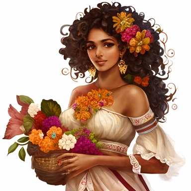a gorgeous Indian woman, curly hair with ruffles, big basket with flowers in her hand, wool style, luxury, chain of flowers in the background, butterflies, dandelions, vibrant colors, dressed in several dresses, white background, clipart