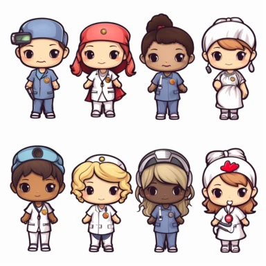 kawaii a line of adorable nurses, all genders and races, clip art