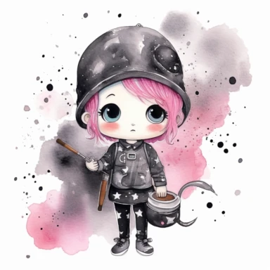 watercolor funny create kawaii marbled black ,silver, pink chibi with school supplies clipart, isolated on white background,space out--ar3:2--s1000