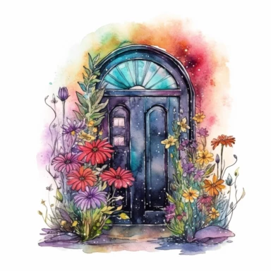 Adorable magical old open door with wildflower, nebular mix background, clipart, photorealistic illustration, watercolor, high detail, 8k polished, 8k, vibrant colors, sticker, majestic, die cut, white background