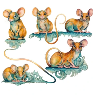 little mouse, multiple positions, curious, interested, cliparts, soft, flowing lines, elegant, Art nouveau, teal and amber color scheme, Alcohol ink watercolor, no background