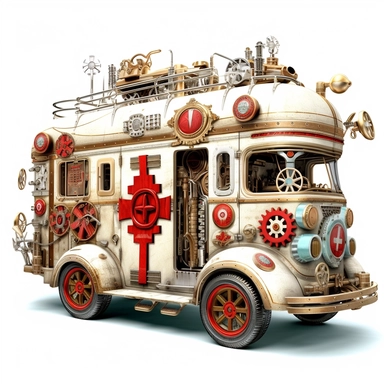 Modern white ambulance, red medical cross, , Steampunk style gears, High detail, metallic colors, isolated on a white background, clipart--s 800