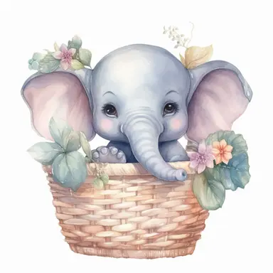 watercolor cute baby elephant character in a basket with flowers, big eyes, clipart, isolated object, white background, chinese watercolor painting, highly detailed