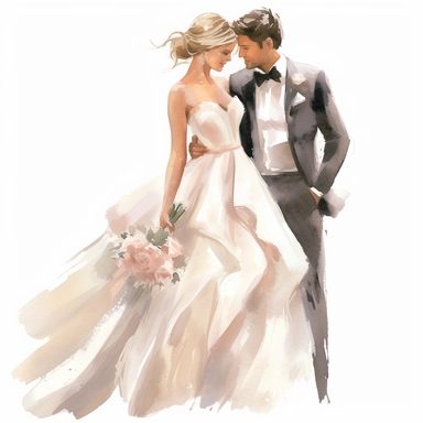 Wedding bride and groom, clipart, white background, in the style of elegant realism, muted and subtle tones, detailed painting, transparency and lightness