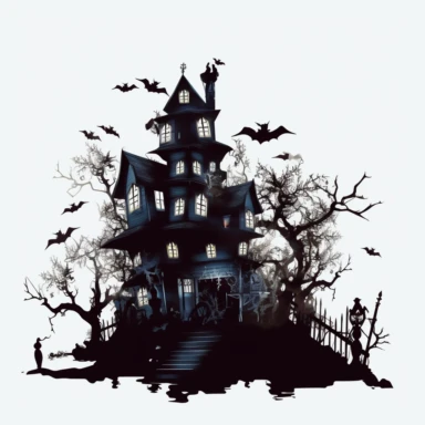 scary dark haunted house halloween silhouettes ultra highly detailed, 18k, sharp focus, high definition, intricate detailed png image, 300dpi, graphic clipart, computer graphics, With white background for removing, no text on image
