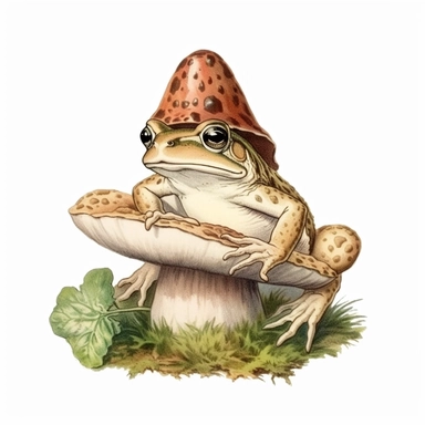 Cottagecore Frog Clipart, Vintage Toad On Mushroom Clipart, isolated white color background, 8k