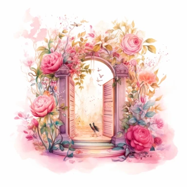 fantasy scene coming out of an open book, secret garden, florals, magical, watercolors, Clipart, pastel pink color theme