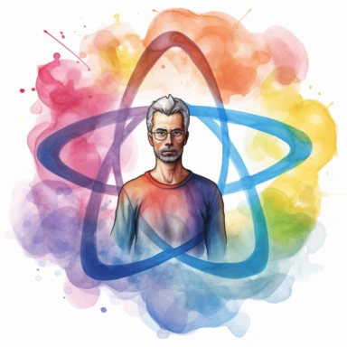 a clipart of a ultra detailed watercolor Atheist Man, he is thinking, half body shot, with the The atomic whirl as background, v4 ar 2:3