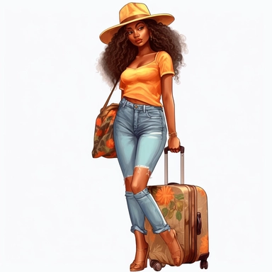full body clip art+3 friend black Nubian woman+ long wavy hair+ kawaii+ standing next to suit case+ multiple traveling bags+ legs crossed at ankles+ high heels+skinny jeans and nice shirt+big hat+vacation vibes+detailed+ niji 5+ uhd+ png clipart+ airport