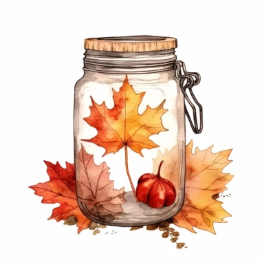 basic watercolor fall leaves in a jar in minimal hand drawn style, Etsy, textured, clipart, white background